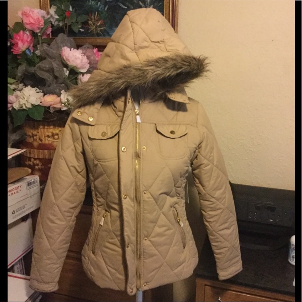 Tan Puffer Jacket Coat with Removable Hood